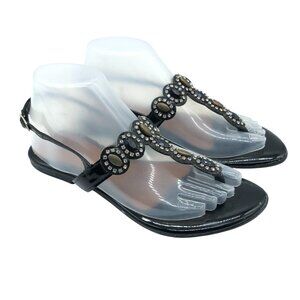 Shuz Womens Sandals Ankle Strap Rhinestones Thong Faux Leather Black 8